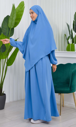 طقم قطعتين شرشف للمحجبات فستان + درع  829 - ازرق