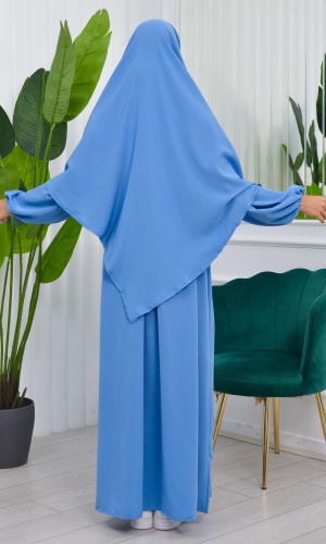 طقم قطعتين شرشف للمحجبات فستان + درع  829 - ازرق