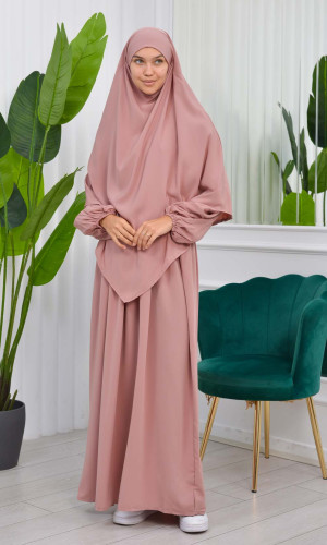 طقم قطعتين شرشف للمحجبات فستان + درع  829 - بودرة