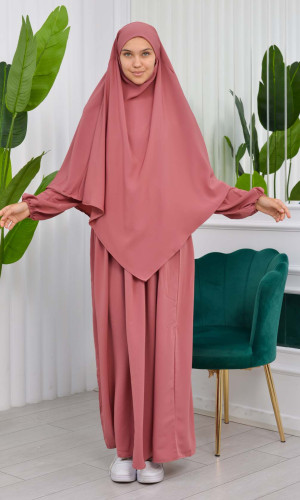 طقم قطعتين شرشف للمحجبات فستان + درع  829 - وردي