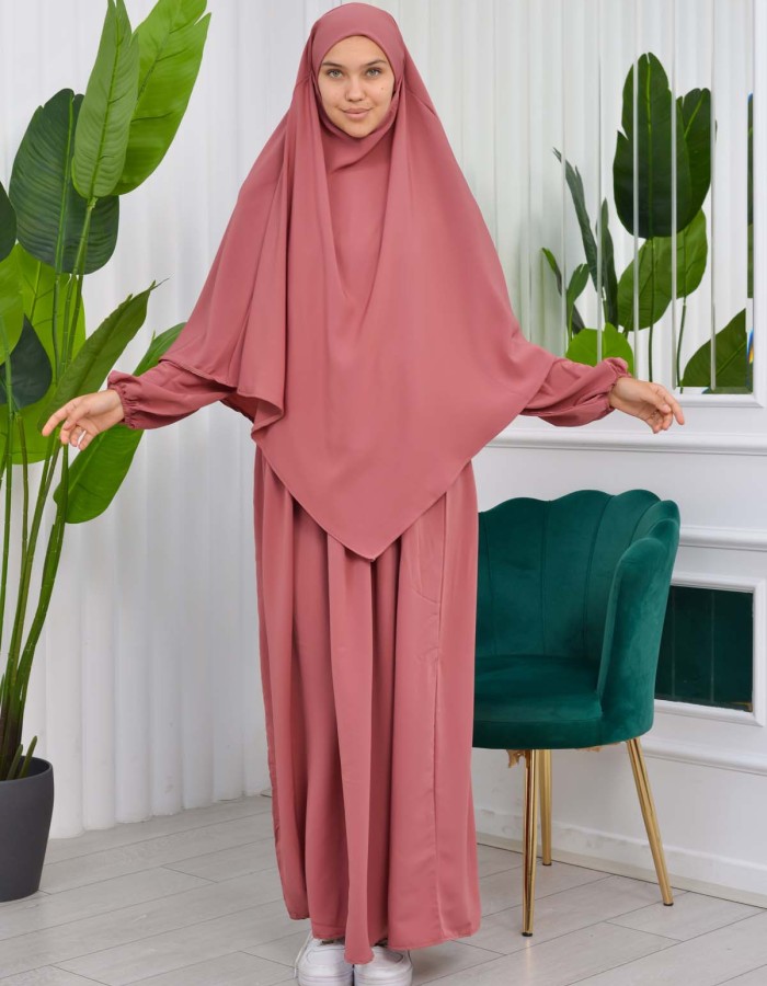 طقم قطعتين شرشف للمحجبات فستان + درع  829 Açık Pembe