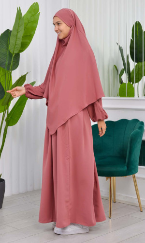 طقم قطعتين شرشف للمحجبات فستان + درع  829 - وردي