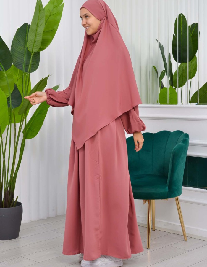 طقم قطعتين شرشف للمحجبات فستان + درع  829 Açık Pembe