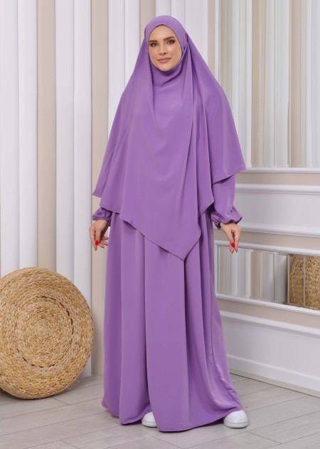 purple muslim dress Long Sleeve Purple Lace Applique prom dresses with High Neckline