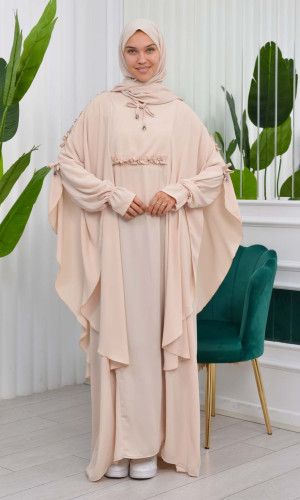 طقم شرعي فاخر مع شال - كود 835 - بيج