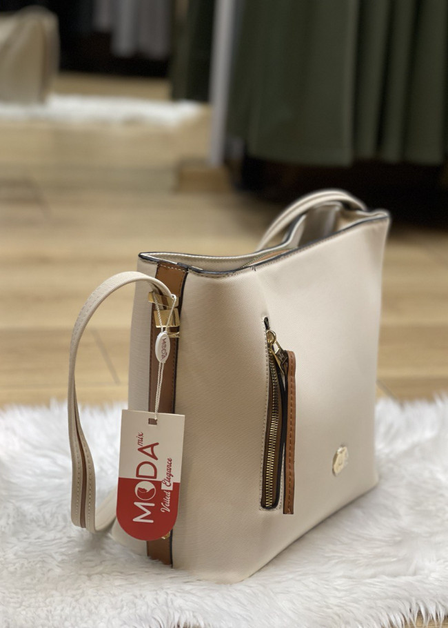 حقيبة يد وذراع نسائية كبيرة الحجم مصنوعة من الجلد بسحاب 955 Bej