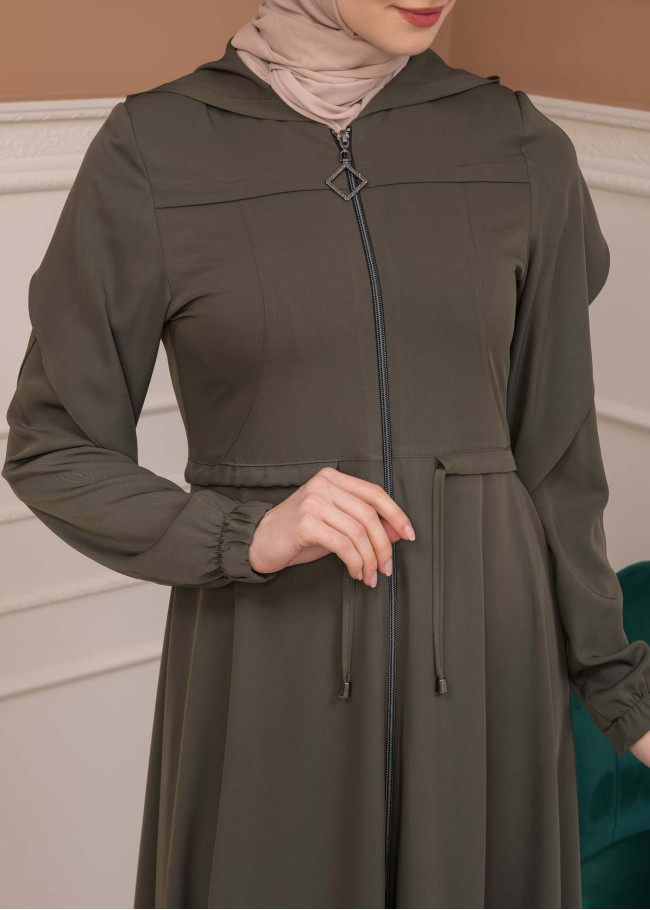Modest Abaya With Flared Sleeve Detail 677 Haki