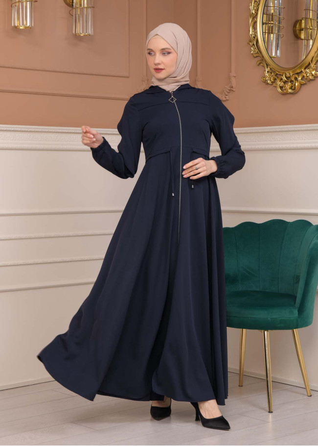 Modest Abaya With Flared Sleeve Detail 677 Lacivert