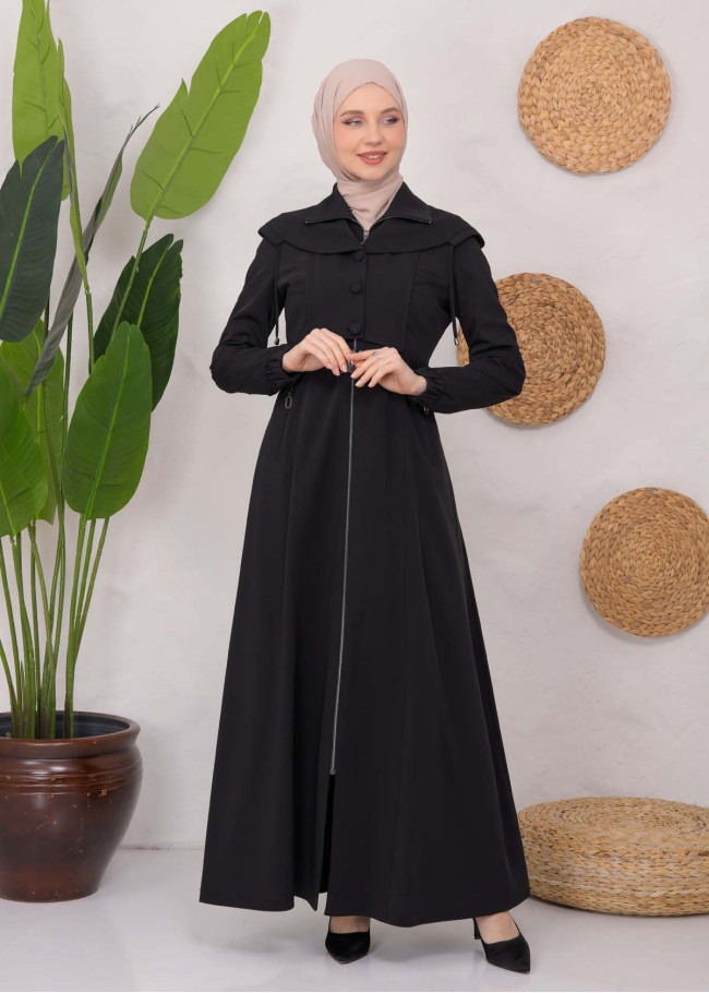 Modest Topcoat With Buttoned Detail 1220 Siyah