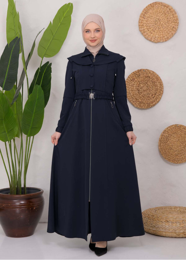 Modest Topcoat With Buttoned Detail 1220 Lacivert