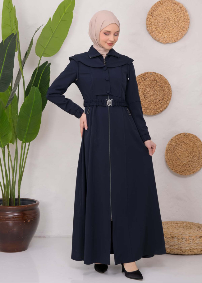 Modest Topcoat With Buttoned Detail 1220 Lacivert
