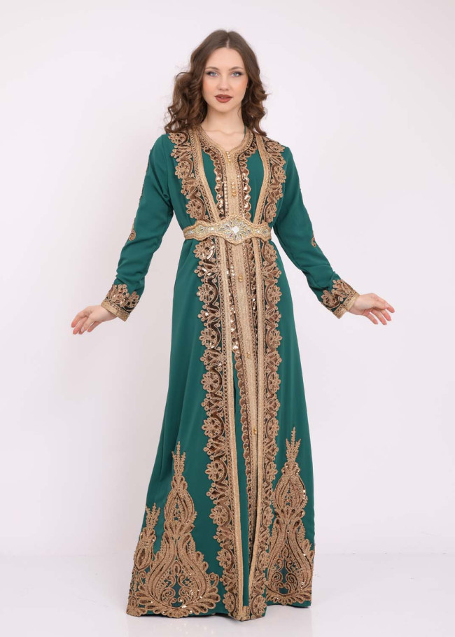 قفطان نسائي ملكي قطعتين 4102 Yeşil