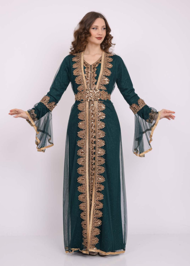Two Piece Women Kaftan With Chiffon Outer Layer 4103 Haki