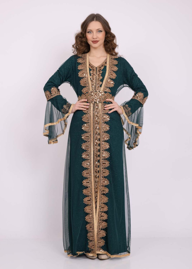 Two Piece Women Kaftan With Chiffon Outer Layer 4103 Haki
