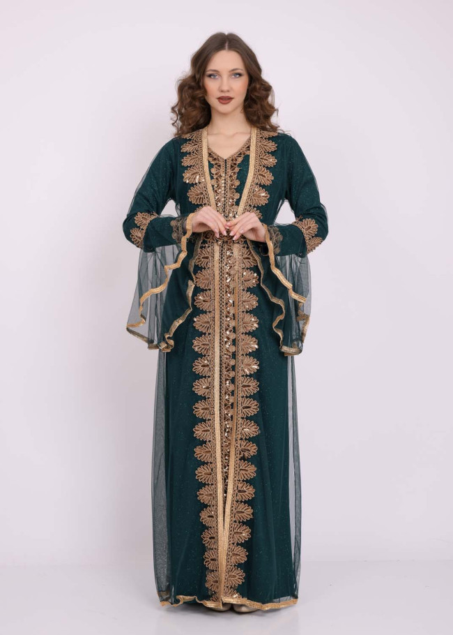 Two Piece Women Kaftan With Chiffon Outer Layer 4103 Haki