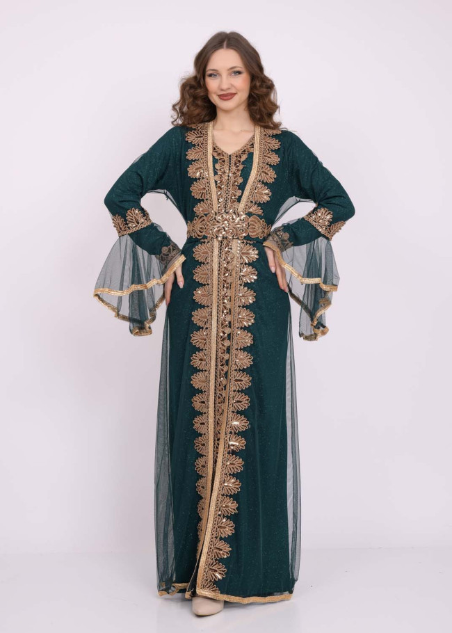 Two Piece Women Kaftan With Chiffon Outer Layer 4103 Haki