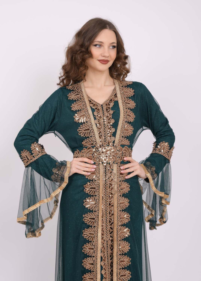 Two Piece Women Kaftan With Chiffon Outer Layer 4103 Haki