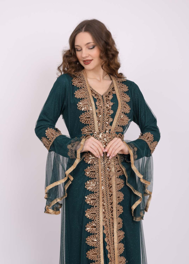 Two Piece Women Kaftan With Chiffon Outer Layer 4103 Haki