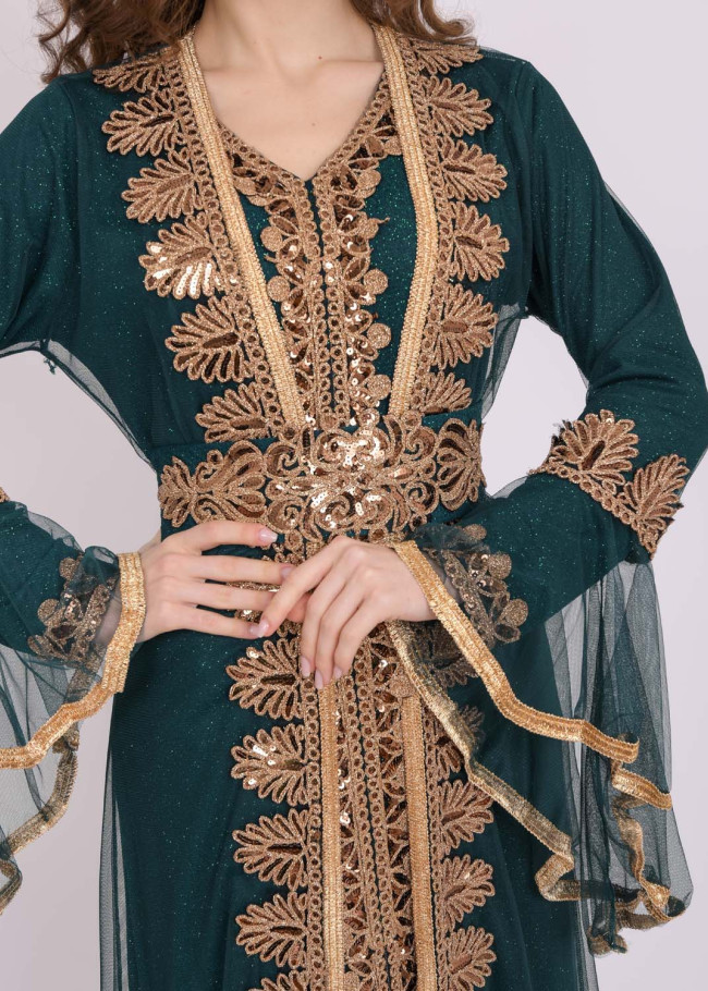 Two Piece Women Kaftan With Chiffon Outer Layer 4103 Haki