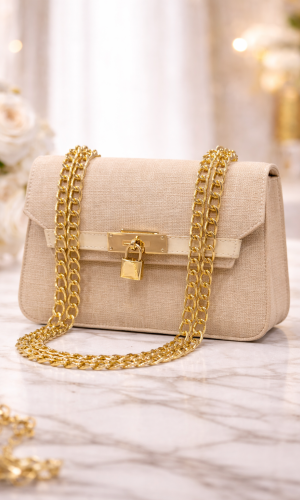 Sophisticated Handbag with Long Metal Chain 991  - beige