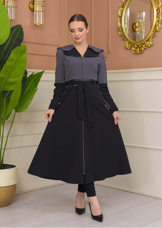 Hooded Belted Hijab Parachute Topcoat 1229 - Anthracite