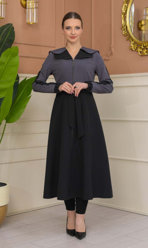 ترانشكوت براشوت كتان ياقة مزدوجة 1229 - رمادي