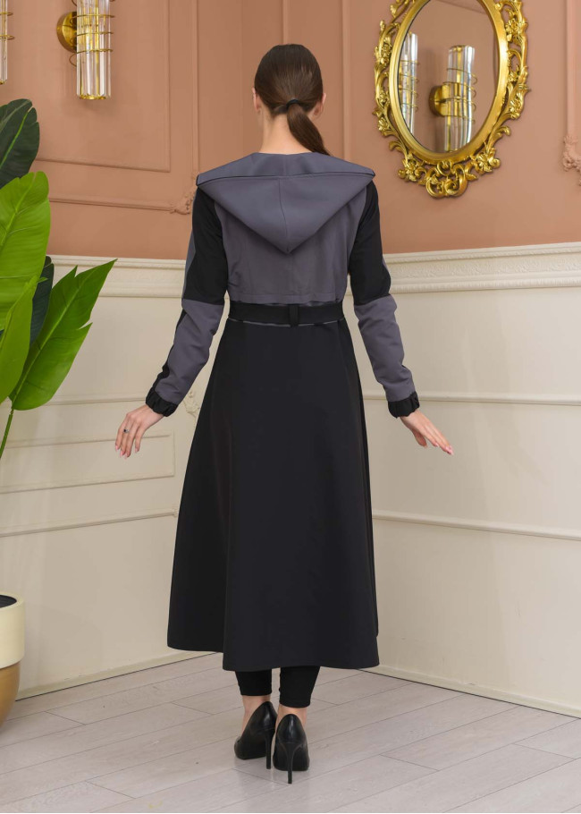 Hooded Belted Hijab Parachute Topcoat 1229 - Anthracite
