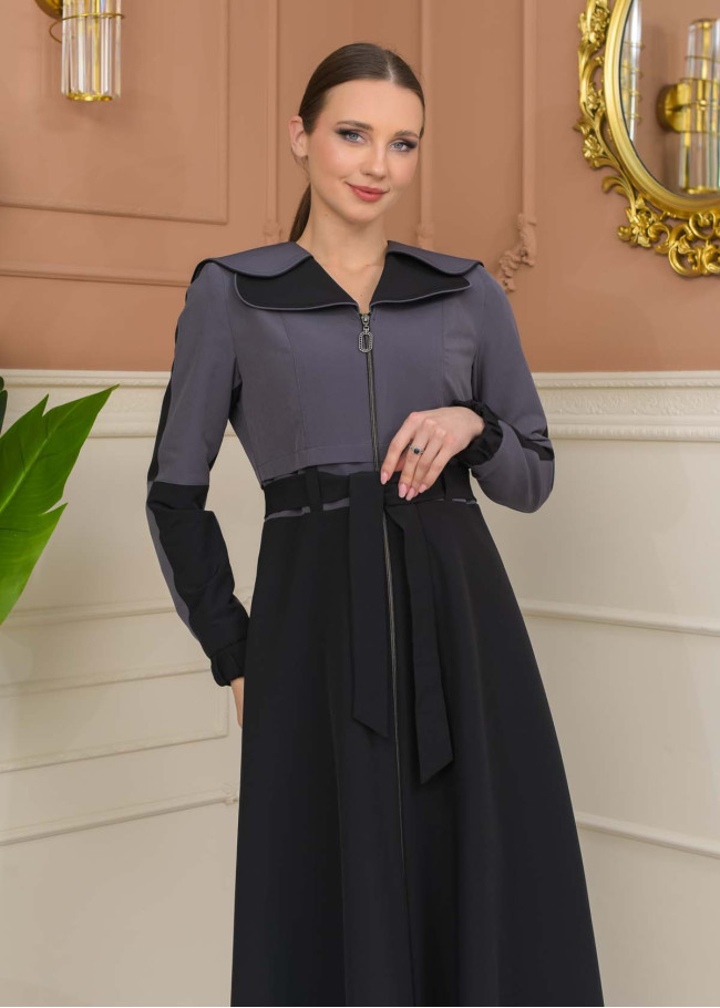 Hooded Belted Hijab Parachute Topcoat 1229 - Anthracite