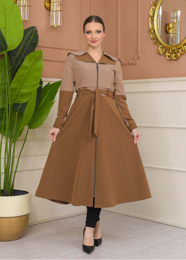 Hooded Belted Hijab Parachute Topcoat 1229 - Beige