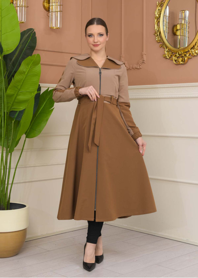 Hooded Belted Hijab Parachute Topcoat 1229 - Beige