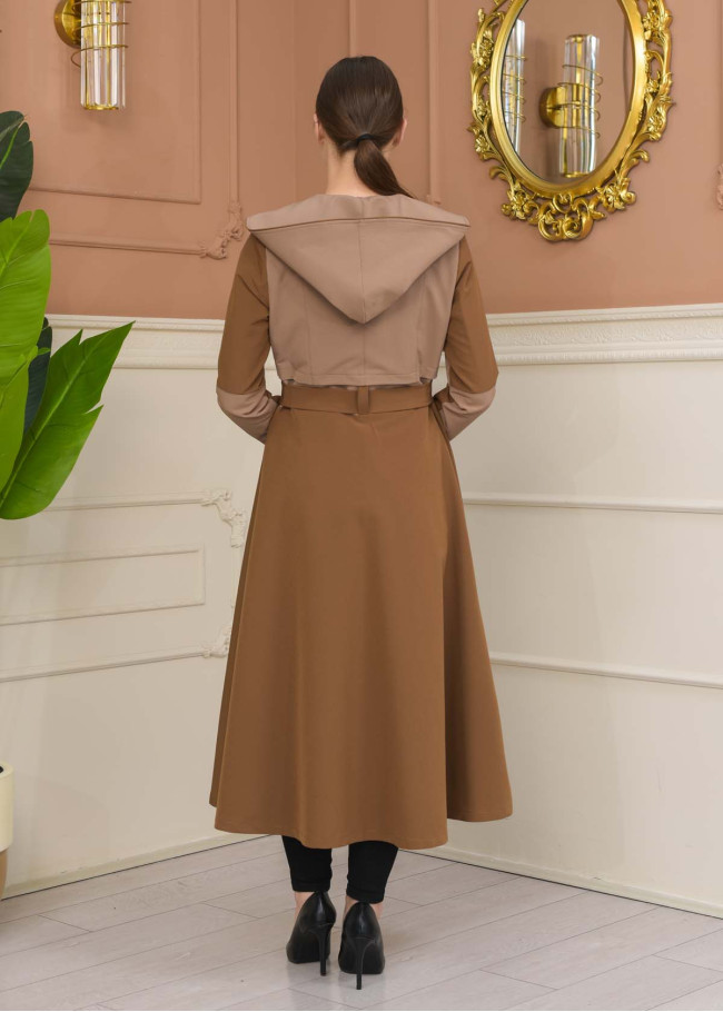 Hooded Belted Hijab Parachute Topcoat 1229 - Beige