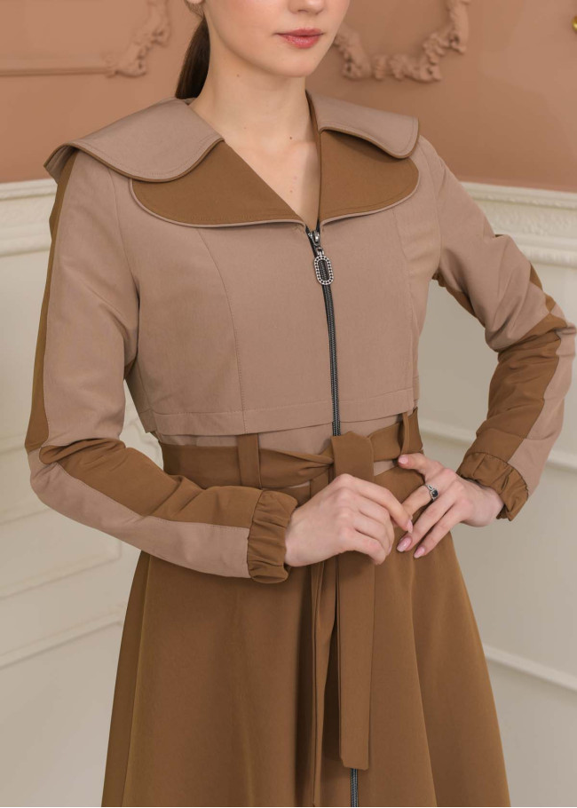 Hooded Belted Hijab Parachute Topcoat 1229 - Beige