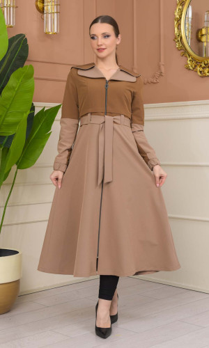 ترانشكوت براشوت كتان ياقة مزدوجة 1229 - ترابي