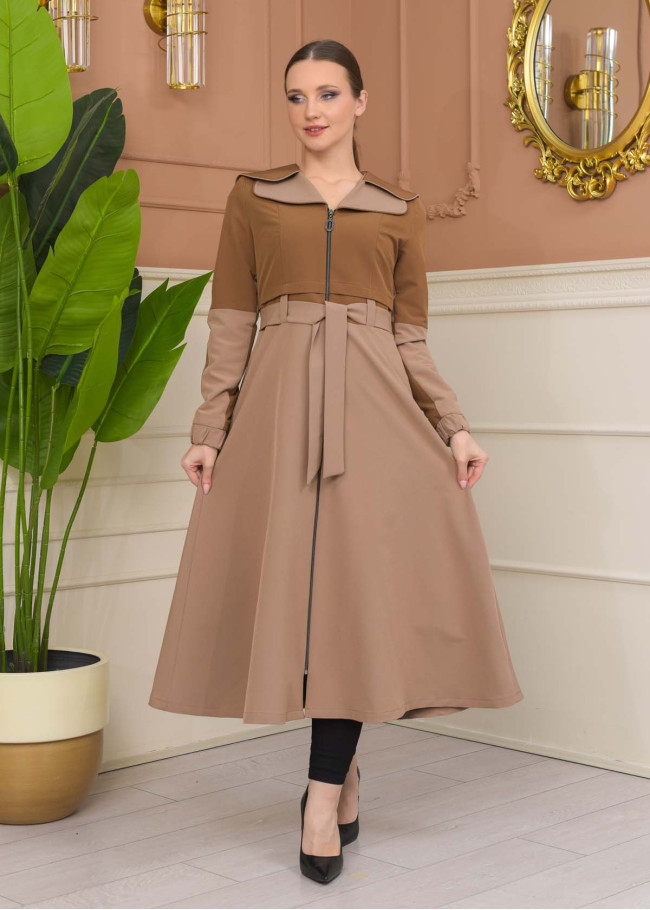 Hooded Belted Hijab Parachute Topcoat 1229 - tan