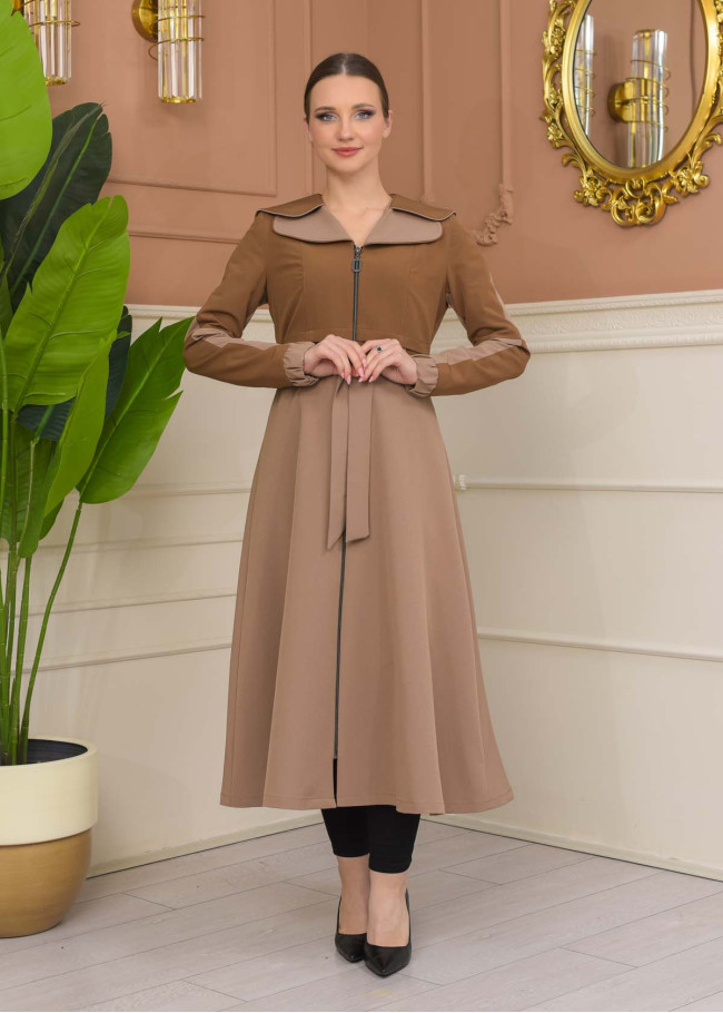 Hooded Belted Hijab Parachute Topcoat 1229 - tan