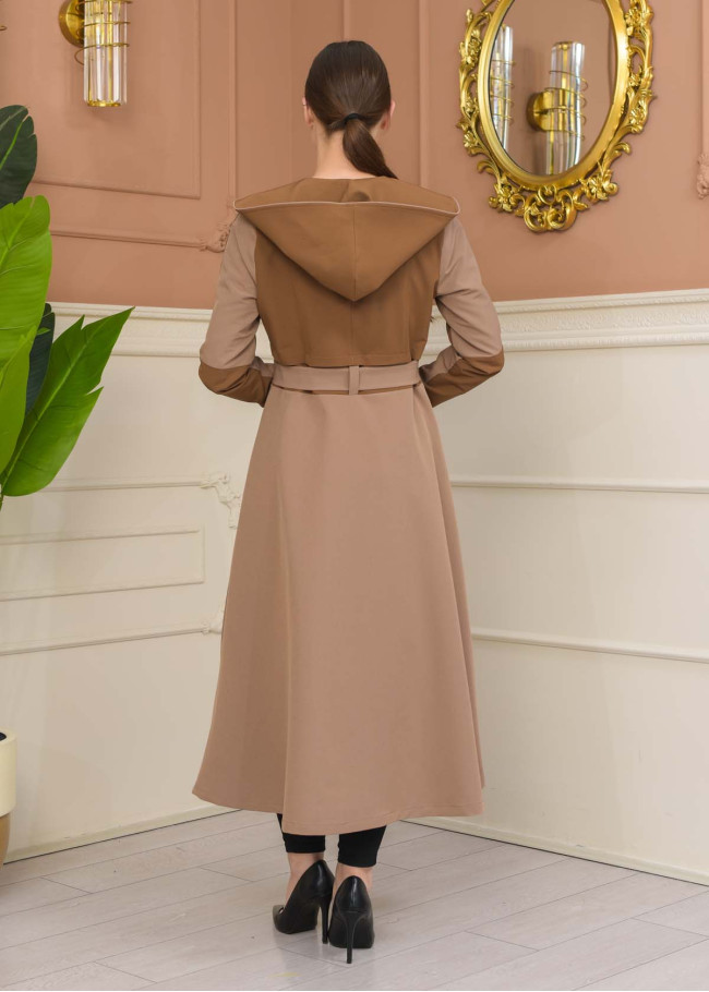 Hooded Belted Hijab Parachute Topcoat 1229 - tan