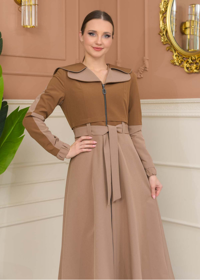 Hooded Belted Hijab Parachute Topcoat 1229 - tan