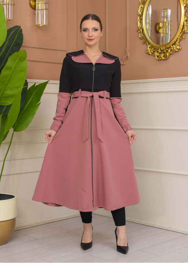 Hooded Belted Hijab Parachute Topcoat 1229 - Black