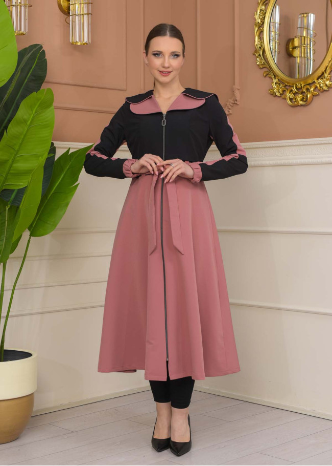 Hooded Belted Hijab Parachute Topcoat 1229 - Black