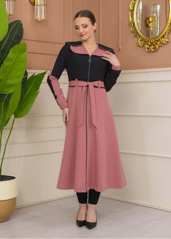 Hooded Belted Hijab Parachute Topcoat 1229 - Black