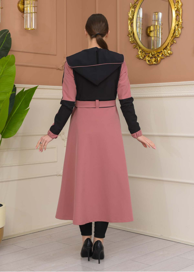 Hooded Belted Hijab Parachute Topcoat 1229 - Black