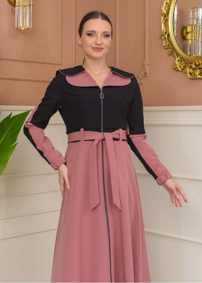 Hooded Belted Hijab Parachute Topcoat 1229 - Black