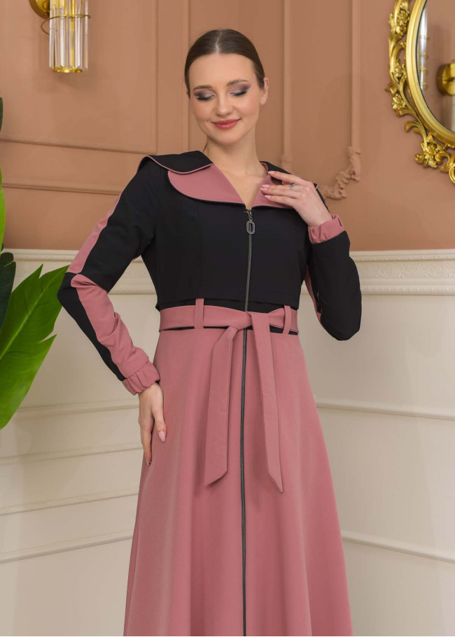 Hooded Belted Hijab Parachute Topcoat 1229 - Black