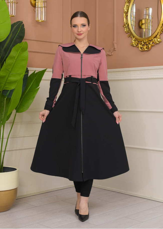 Hooded Belted Hijab Parachute Topcoat 1229 - Pink
