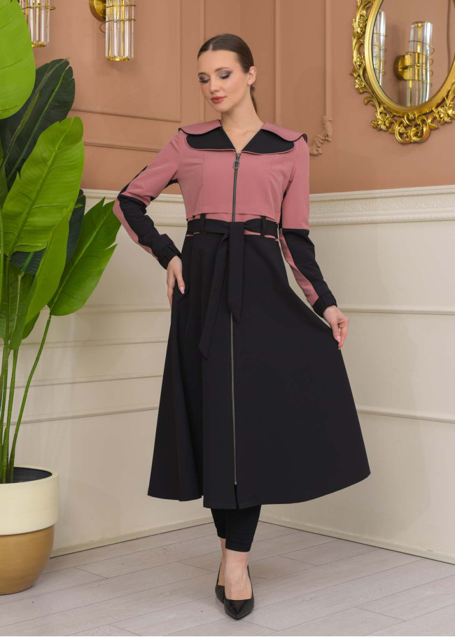 Hooded Belted Hijab Parachute Topcoat 1229 - Pink