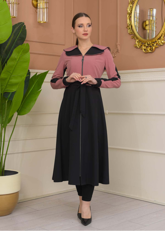 Hooded Belted Hijab Parachute Topcoat 1229 - Pink
