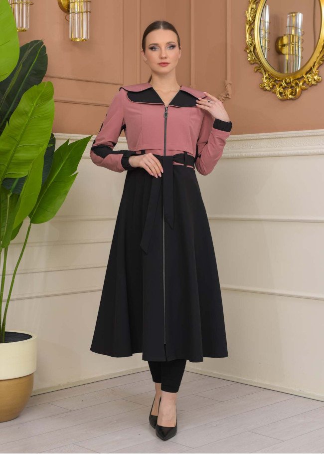 Hooded Belted Hijab Parachute Topcoat 1229 - Pink