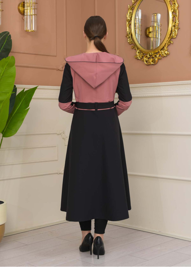 Hooded Belted Hijab Parachute Topcoat 1229 - Pink