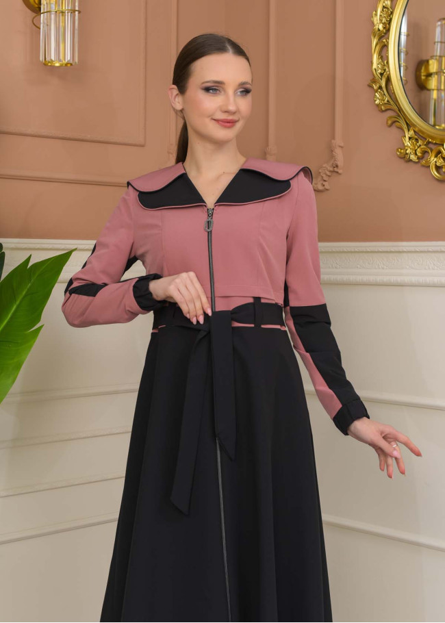 Hooded Belted Hijab Parachute Topcoat 1229 - Pink