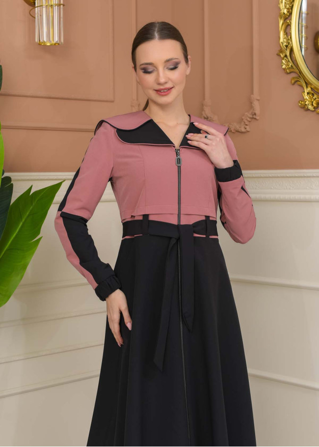 Hooded Belted Hijab Parachute Topcoat 1229 - Pink